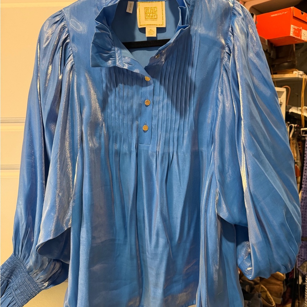 Shimmery Blue Blouse with Balloon Sleeves - Women's Emily McCarthy Charlotte